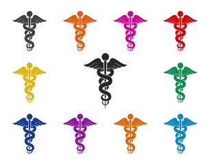 Assortment of colorful, stylized symbols with winged staff and serpent, displayed on a white background