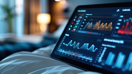 Modern Digital Tablet Displaying Financial Charts and Data Analysis in a Cozy Indoor Setting with Soft Lighting Effects