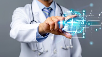 Doctor in Lab Coat Using Holographic Technology to Interact with Digital Global Healthcare Innovation Concept