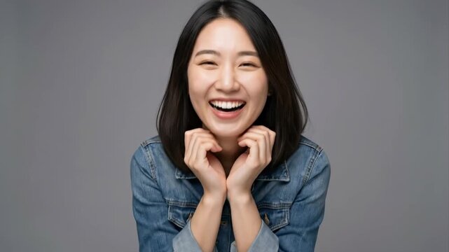 A vibrant young Asian woman bursts into genuine, infectious laughter, her eyes sparkling with mirth and her mouth wide open in pure delight. Dressed casually in a denim jacket, she conveys a sense of 