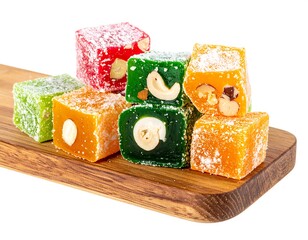 Assortment of colorful, sugar-dusted Turkish delight candies arranged on a wooden board, showcasing various flavors