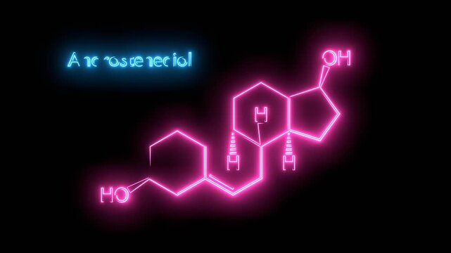Androstenediol structural chemical formula. Androgen steroid hormone. Neon glowing.