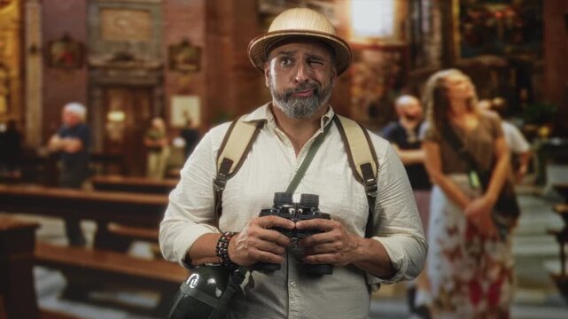 Man holding binoculars and backpack, squinting while wearing a pith helmet amid ornate church interior and pews; curiosity travel exploration.