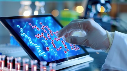 Detailed Close-up of Scientist Hand Using Tablet with Molecular Structure Display in Laboratory Environment