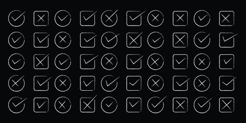 Hand drawn check mark icon set. tick, cross signs for checkbox, checklist, v and x in sketch doodle brush marker checklist symbol. grunge brush style. eps 10