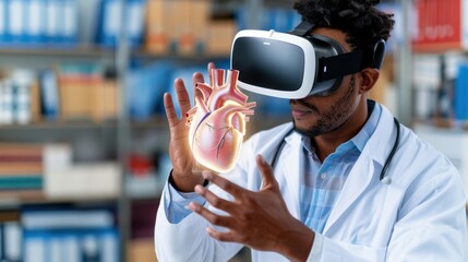 Doctor Using Virtual Reality Technology to Explore 3D Heart Anatomy in Medical Research Lab