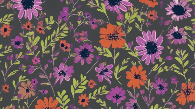 Elegant floral pattern video with orange and purple flowers on dark background
