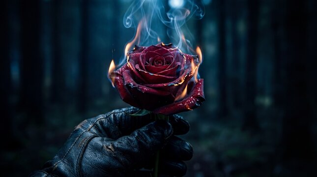 Burning red rose held in gloved hand with smoke in dark forest