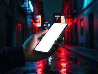Hand holding smartphone in vibrant urban night scene