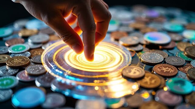 Hand Touching Glowing Vortex Surrounded by Cryptocurrency Coins bitcoin ethereum