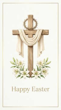 Religious Easter illustration of wooden cross with white shroud and lilies