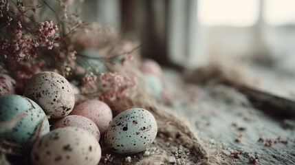 Obraz premium Natural speckled Easter eggs with dried flowers close up