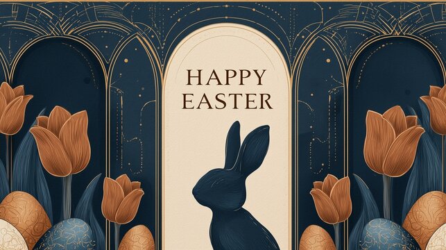 Elegant luxury Easter card with bunny silhouette and gold arch design
