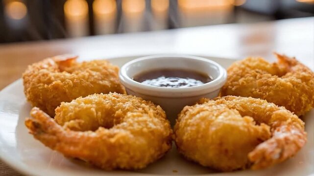 A visually appealing close-up shot captures a pristine white plate adorned with several pieces of golden-fried shrimp, expertly coated in a textured, crispy breading. Each piece promises a delicious b
