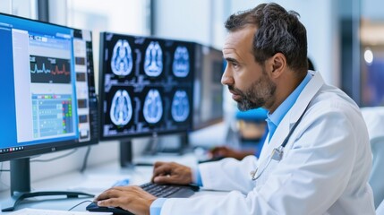 Medical Professional Analyzing Brain Scan Data on Computer Screens in Modern Healthcare Environment