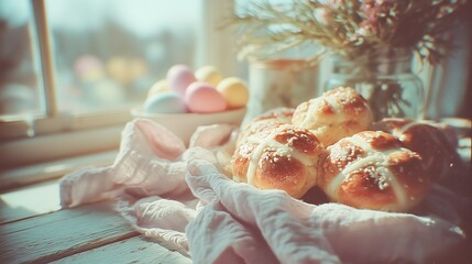 Easter breakfast composition with hot cross buns and pastel eggs