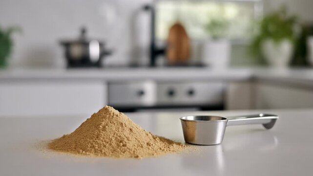 Nutritional powder with measuring spoon on a kitchen counter background
