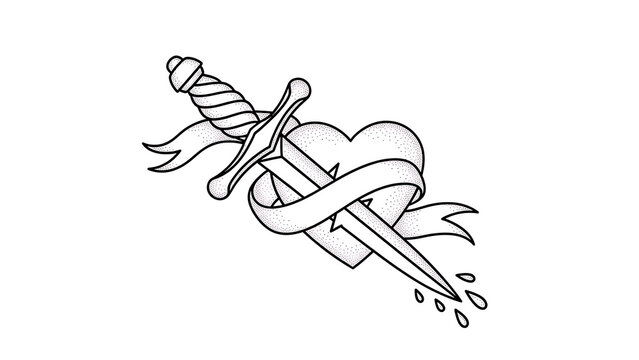 Dagger piercing heart with ribbon