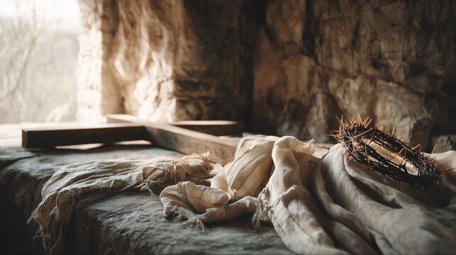 Empty tomb with cross and linen cloth inside cave symbolizing resurrection of Jesus