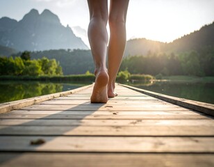 Bare feet walking on a wooden pier towards a lake with mountains in the background, bathed in warm sunlight