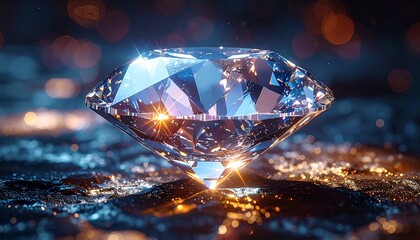 A radiant, close-up view of a flawless, cut gemstone, sparkling on a textured surface