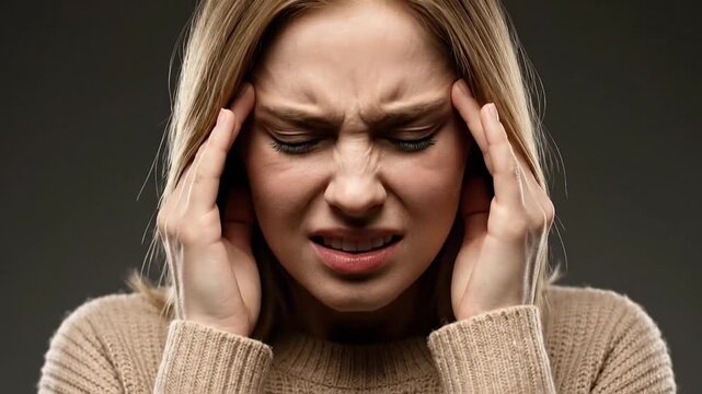 A young woman intensely experiences discomfort, pressing her fingers against her temples with a pained expression. Her eyes are closed, brow furrowed, and jaw clenched, conveying a sense of suffering,