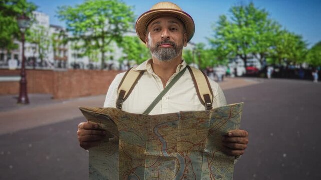Man holding a folded city map with both hands while wearing backpack and straw hat on a busy street in daylight; curiosity wanderlust travel.