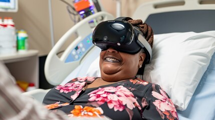Woman in Hospital Bed Using Virtual Reality Headset for Relaxation and Distraction with Colorful Floral Dress