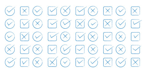 Check tick mark icon set. Cross box x check mark checkbox list vector draw hand drawn sketch doodle brush marker checklist symbol wrong right circle. hand drawn, grunge X sign. Vector illustration.