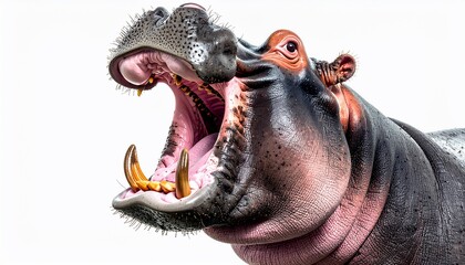 Close-up of a large hippopotamus with mouth agape, revealing teeth and pink interior