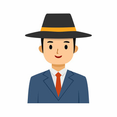 Smiling Cartoon Man in Suit and Fedora Hat: Elegant Portrait of Young Gentleman