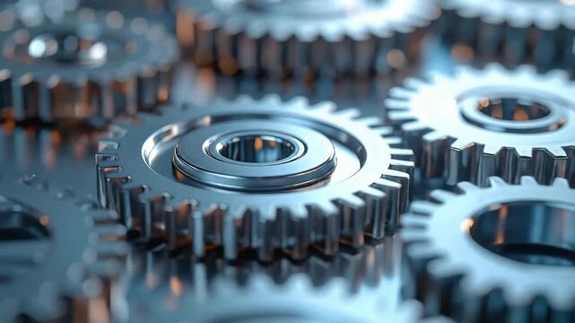 Close-up of interlocking l gears, representing teamwork, engineering, and industrial processes.
