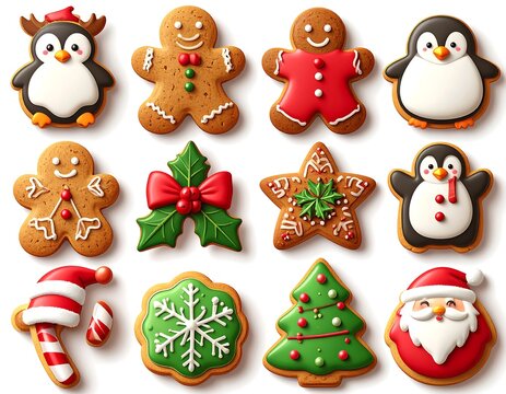 Assortment of decorated festive cookies, featuring gingerbread figures, penguins, and holiday symbols