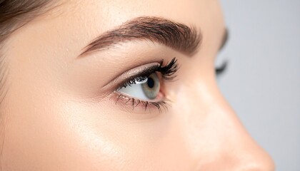 Close-up of a womans eye with perfectly shaped eyebrows and long eyelashes.