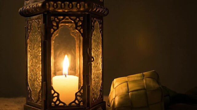 An exquisitely crafted metal lantern holds a softly flickering candle, casting a warm, inviting glow that permeates the dim surroundings. Intricate patterns and delicate scrollwork adorn the lantern's