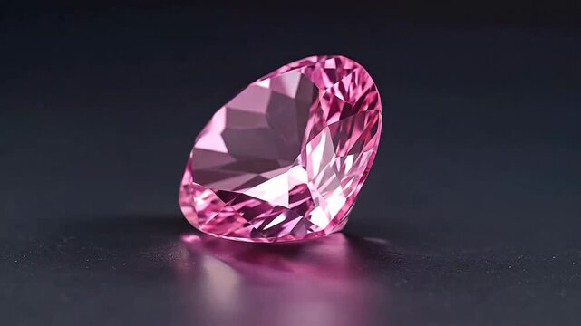Close-up of a pink gemstone with a pear shape, reflecting light beautifully.