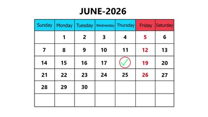 The date June 18, 2026, marked with a red circle on the wall calendar animation. Business Basics Wall Calendar Planner and Organizer.