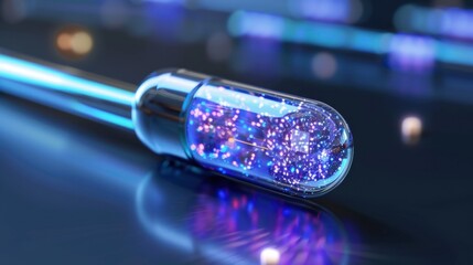 Futuristic Glass Capsule with Shimmering Lights and Glittering Particles on a Dark Surface