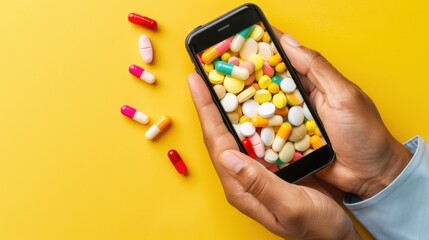 Close-Up of Hands Holding Smartphone Displaying Assorted Colorful Medicine Pills on Bright Yellow Background