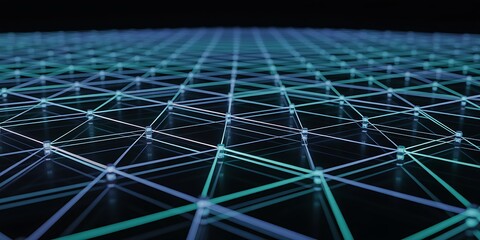 Abstract glowing blue and green network grid with nodes and connections in darkness technology