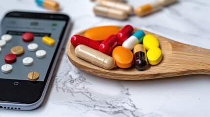 Colorful assortment of pills and capsules on wooden spoon beside smartphone with medication reminder app on marble surface