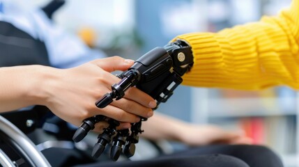 Human and Robot Hand Interaction Symbolizing Technology and Disability Assistance in Modern Society