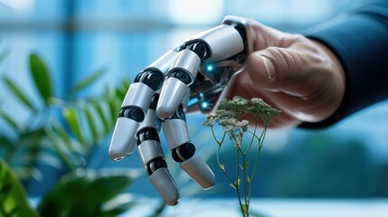 Human-like robotic hand gently interacting with a small plant in a futuristic, technology-driven environment for innovation concepts