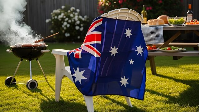 Australian flag draped over chair at backyard barbecue with food on table and grill