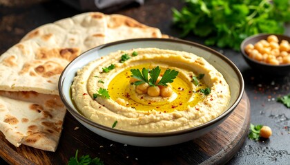 Delicious Hummus Dip with Pita Bread and Chickpeas.