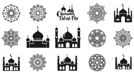 Obraz premium Ramadan Eid Al-Fitr Islamic Symbols: Mosques and Geometric Ornaments