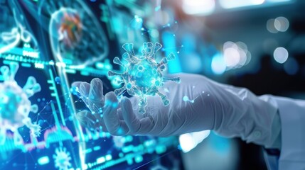 Laboratory Scientist Analyzing Virtual Coronavirus Model with Advanced Medical Technology and Digital Diagnostics Interface