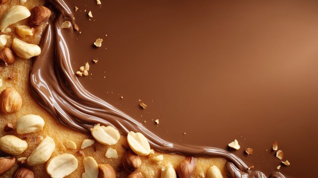 Content Marketing visual of glossy chocolate-coated nuts and caramel swirls on a golden crispy dessert base.