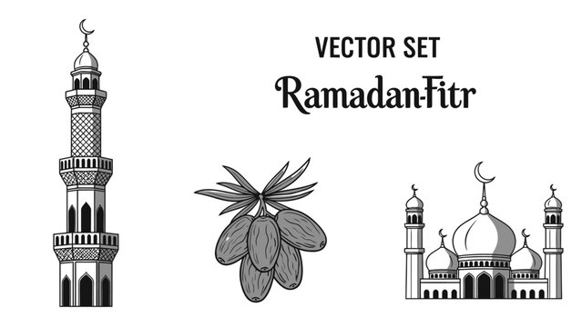 Ramadan Fetr Vector Set: Mosque, Minaret, Dates - Islamic Culture Icons