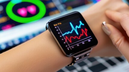 Smartwatch Displaying Heart Rate and Fitness Data on Wrist In Front of Colorful Health Monitoring Graphs